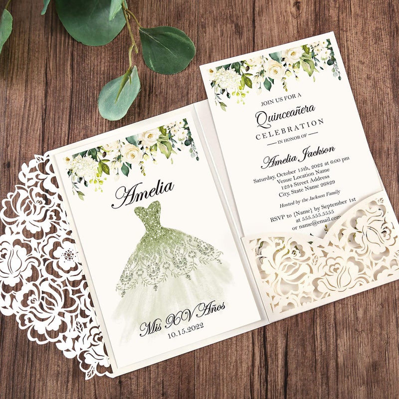 DORIS HOME 50pcs Laser Cut Quinceanera Invitations Green and Ivory White, 4.7x7.1 Blank Quince Invitations for 15th Birthday, Invitation cards for Sweet 16 with Envelopes - Image 5